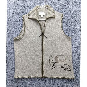 VTG C.J. Banks Embroidered Bear & Cottage Knit Vest Size XL Hiking Outdoor Beige